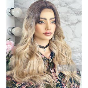 Dark Roots Creamy Blonde Natural Ombre Wavy Lace Front Wig | Virginia